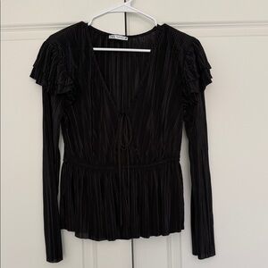 NWOT Zara Black Pleated V-Neck Blouse